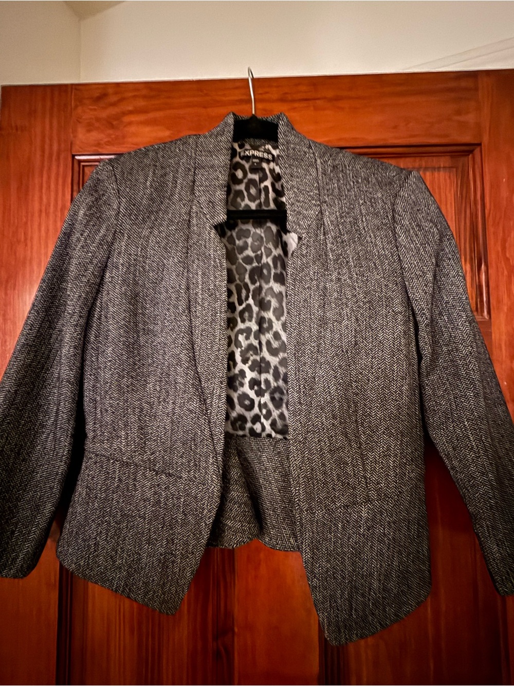 Express Gray Herringbone Open-Front Blazer with Leopard Lining